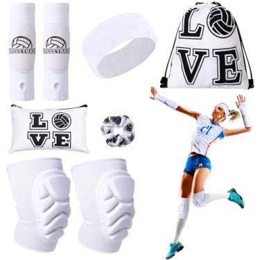 Imagem de Vabean 8 peças acessórios de voleibol, mangas de braço de vôlei joelheiras esportivas elásticos de cabelo faixa de suor bolsa de cordão bolsa de cosméticos voleibol protetor de pulso joelheira (branco, médio)
