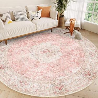 Imagem de Castage Tapete redondo de 2,7 m, tapetes grandes com círculo rosa para quarto, sala de estar, lavável, boêmio, vintage, boêmio, envelhecido, oriental, floral, antiderrapante, antiderrapante