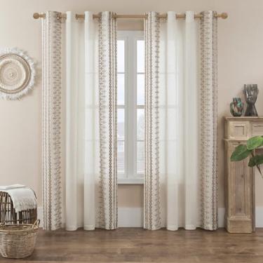 Imagem de Cortinas Boho para sala de estar, quarto, creme, transparente, 203 cm de comprimento, conjunto de 2 painéis, cortinas bordadas bege com ilhós, cortinas de janela neutra boêmia para decoração rústica