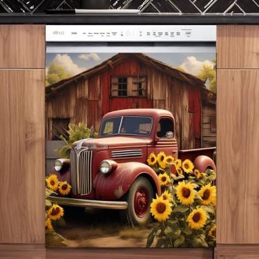 Imagem de Capa de ímã de lava-louças de caminhão vermelho fazenda adesivo de geladeira para decoração de cozinha, painel magnético de cobertura de lava-louças de girassol de fazenda, reutilizável e removível