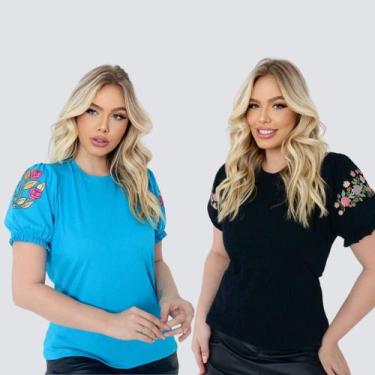 Imagem de Kit 2 Blusas Evangélicas Manga Bufante Princesa Algodão Premiun 100% C