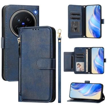 Imagem de Kukoufey Capa de telefone compatível com Vivo X200 Pro 5G Coldre, compatível com Vivo X200 Pro 5G V2405A V2405DA Flip PU couro zíper carteira capa azul