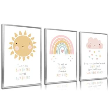 Imagem de 3 peças de arte de parede em tela rosa para berçário fofo sol arco-íris nuvens escuras impressões quarto infantil bebê meninas criança pastel decoração de parede fotos para sala de aula escola