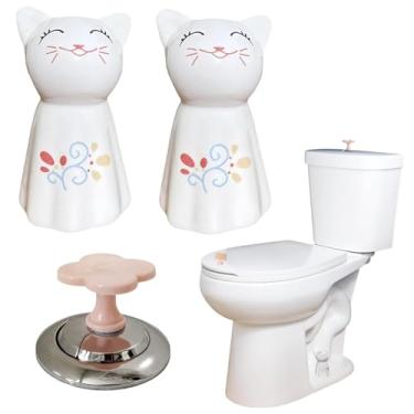 Imagem de SPLENDSHOP 2 peças de tampas de parafuso de vaso sanitário de cerâmica para decoração de banheiro com 1 empurrador de botão de vaso sanitário de flor rosa e 1 peça de elevador de tampa de vaso