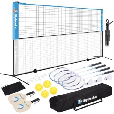 Imagem de Conjunto de rede portátil de badminton Pickleball de 4,7 m ao ar livre, conjunto de rede multiesportiva ajustável em altura para quintais de praia com 4 raquetes de alumínio, 2 pás de pickle e bolsa