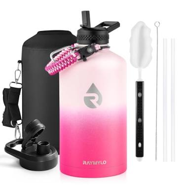 Imagem de Garrafa térmica para água RAYMYLO, aço inoxidável com parede tripla isolada a vácuo (fria por 48 h), jarra grande à prova de vazamento, sem BPA, alça de paracord, tampas de bico e canudo, 3,8 L
