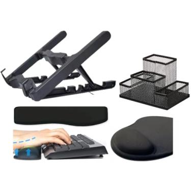 Imagem de Suporte para Notebook, Apoio para Teclado e Mouse Pad Preto Liso, Organizador De Mesa 4 partes