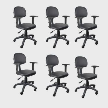 Imagem de Kit 6 Unidades Cadeira Escritório Secretária Giratória com Braço Regulável em Couro