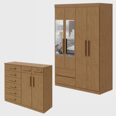 Imagem de Conjunto de Guarda-Roupa 4 Portas 2 Gavetas Zeus com Espelho e Cômoda 8 Gavetas 2 Portas Toronto