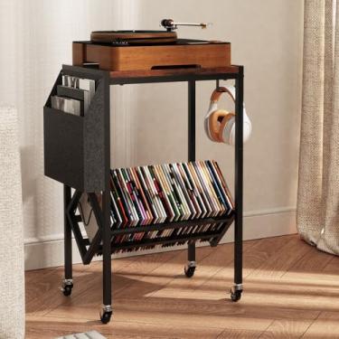 Imagem de FeouBlf Suporte para toca-discos vintage, grandes álbuns de armazenamento de discos de vinil, suporte resistente para toca-discos com armazenamento de vinil e suporte de revista, gancho para fone de