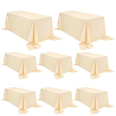 Imagem de FXKS Pacote com 8 toalhas de mesa de cetim 227 x 380 cm champanhe retangular de cetim sedoso, toalha de mesa lisa de seda brilhante, capa de mesa de seda sobreposta para festa de casamento, banquete