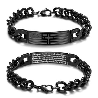 Imagem de Saintda Pulseira masculina com cruz com bandeira americana - Corrente cubana preta de 33,5 cm com versículo da Bíblia, joia masculina religiosa de comprimento ajustável para fé, Medium, Aço inoxidável
