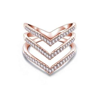 Imagem de Anel de casamento feminino YUANYI de zircônia cúbica CZ em ouro rosa com estampa de chevron em forma de V tamanhos 6 – 10, US code 7, 1