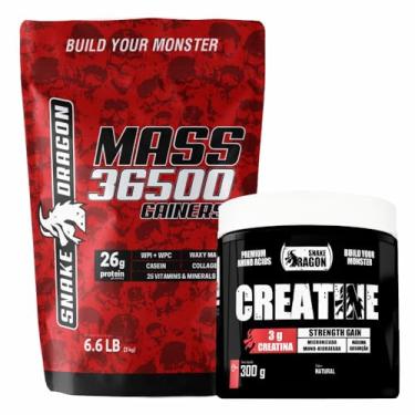 Imagem de Kit 1x Hipercalorico Refil 3Kg Mass 36500 Gainers Whey Isolado Concentrado Collagen 25 Vitaminas e Minerais + 1x Creatina Monohidratada 300g Carboidratos - Snake Dragon (3Kg, Sorvete de Baunilha)
