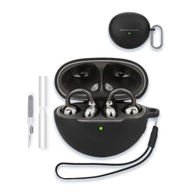 Imagem de WUNIAK Capa para Huawei FreeClip, capa protetora de silicone macio portátil resistente a arranhões com kit de limpeza, mosquetão e cordão, preta