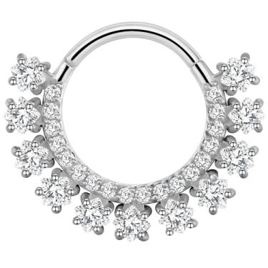 Imagem de TRBR Anel de septo quadrado CZ 16G, aço cirúrgico, joia de pedra preciosa articulada segmento clicker brinco daith, calibre 16, ouro, prata, 8 mm, 16G-8mm, Aço inoxidável cirúrgico 316L, Zircônia