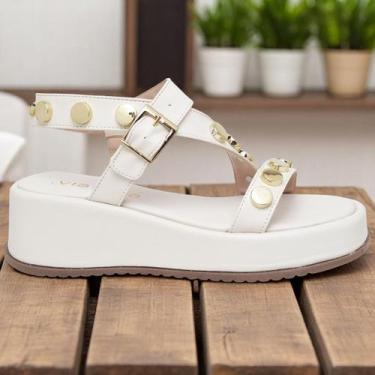 Imagem de Sandália Feminina Salto Anabela De Couro Com Spikes Estilo Blogueiras 