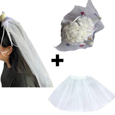 Imagem de Fantasia Noivinha Caipira Completa Festa Junina Kit Véu Buquê e Saia De Tule Quadrilha São João Arraia Quermesse