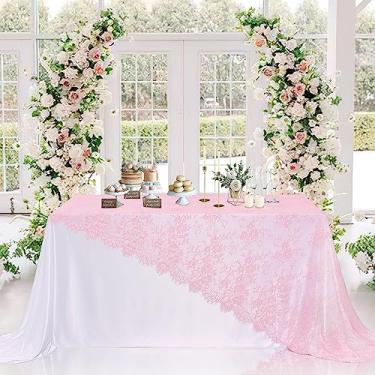 Imagem de LuoluoHouse Toalha de mesa de renda rosa 6 peças 152 x 300 cm para decoração de festa vintage boho casamento chá de bebê sobreposição retangular longa vintage bordado decoração de mesa de recepção
