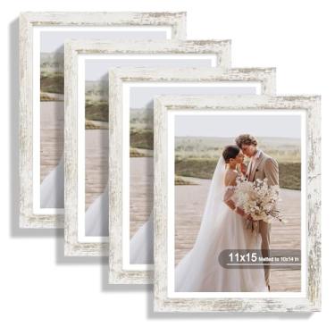 Imagem de Hongkee Conjunto de 4 porta-retratos de 28 x 38 cm, feito de vidro real e moldura branca envelhecida - exiba a imagem 25 x 35 com tapete ou 28 x 38 sem tapete, foto de 28 x 38 cm para montagem na