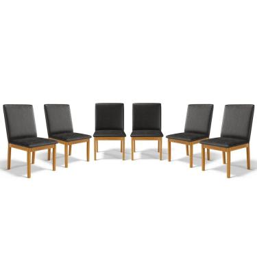 Imagem de Kit Com 6 Cadeiras Daniela Madeira Maciça Estofada Para Mesa De Jantar Detalhe De Madeira Nas Costas