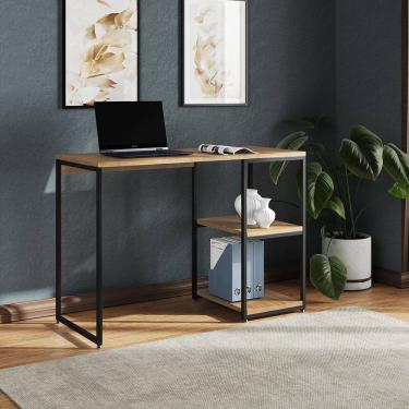 Imagem de Mesa Escritório Berlim Industrial com Prateleira Ferro Preto Tampo 110x46 Freijó