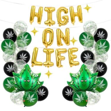 Imagem de 42 peças de decorações de festa de maconha, balões de látex impressos em cannabis, balão de folha de folha, faixa dourada para celebração de 420 anos, decorações de aniversário de ervas daninhas