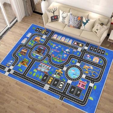 Imagem de Fuzorise Tapete infantil de carro para sala de jogos, tapete de estrada para quartos de meninos e meninas, tapete infantil lavável retangular antiderrapante, mapa educacional de rota de trânsito da