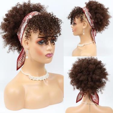 Imagem de MKJVEN Rabo De Cavalo Afro Puff Com Cordão E Franja Para Mulheres Negras, Perucas Moicano Curtas Crespas, Cacheadas Castanhas (33#)