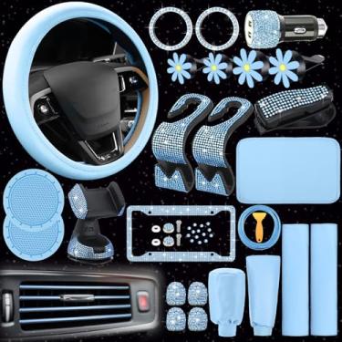 Imagem de Conjunto de 46 peças de acessórios de carro brilhantes para mulheres capa de volante de couro capas de cinto de segurança anéis de diamante adesivos suportes de copo de strass carregador USB flor clipe de saída de ar (azul claro)