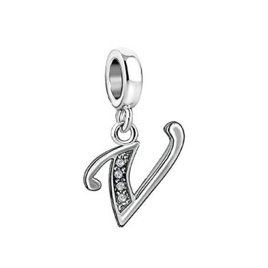 Imagem de MiiFort Pingente com letra V inicial serve para pulseiras Pandora Charms para mulheres, nome, família, alfabeto, prata, zircônia cúbica
