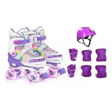 Imagem de Patins Infantil Roller 4 Rodas Ajustável com LED, Freio Frontal, Tamanho 28-30, Cor Roxo Arco-íris