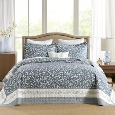 Imagem de CozyStitch Colcha Queen extragrande 259 cm x 304,8 cm, 100% algodão, extragrande, com 2 fronhas, conjunto de colcha acolchoada floral leve, azul acinzentado/branco-esbranquiçado, 3 peças