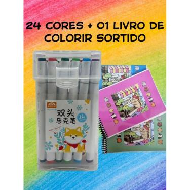 Imagem de Canetinha para pintar bobi gudi 24 cores + livro de colorir canetinha ponta dupla papelaria 