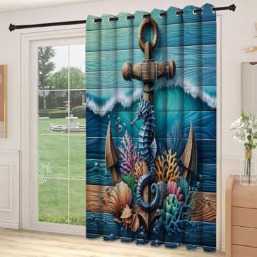 Imagem de Divisória de parede de cortina de divisória náutica, âncora oceano profundo cores de conchas de cavalo-marinho e costa de recife, cortinas largas isoladas/cortinas de quarto (painel único), L 213 x C