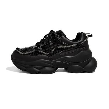 Imagem de LUCKY STEP Tênis feminino anos 90, grosso, brilhante, com strass, plataforma, casual, grosso, para caminhada, Preto, 38