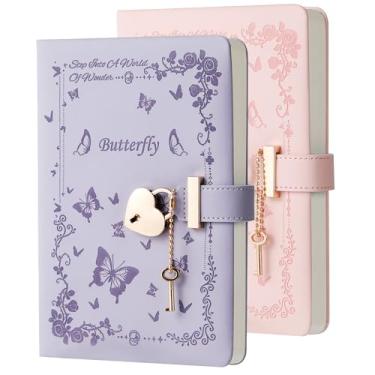 Imagem de SPIPHY Pacote com 2 diários com cadeado e chave para meninas de 8 a 12 anos diário com cadeado para meninas adolescentes 224 páginas diário bloqueado em forma de coração para mulheres, rosa, roxo