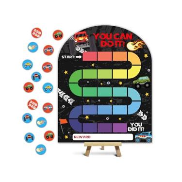 Imagem de Tabela de recompensas de carro de corrida, tabela de comportamento para crianças em casa, placa de incentivo de madeira com 24 fichas, gráficos de adesivos com tema de caminhão, essenciais para sala