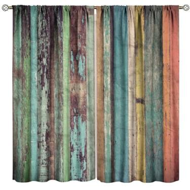 Imagem de Cortinas de tábuas rurais, vintage fazenda celeiro ocidental gasto padrão de tábua de madeira colorida decoração de casa tratamentos de janela, cortinas blackout com bolso de haste para sala de estar