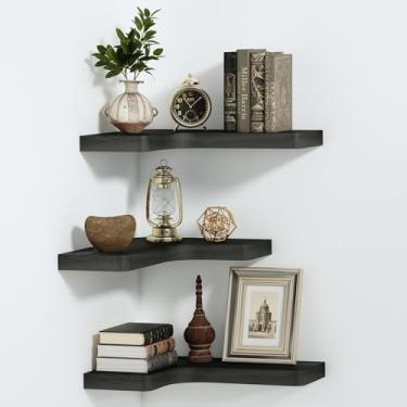 Imagem de SAUMONIERES Prateleiras flutuantes de canto prateleira de parede de madeira maciça para quarto, banheiro, quarto, cozinha, armazenamento, conjunto de 3, preto, suportes invisíveis