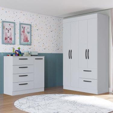 Imagem de Quarto Infantil Guarda Roupa 4 Portas 2 Gavetas e Cômoda 4 Gavetas 1 Porta Loly Poquema