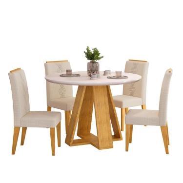 Imagem de Conjunto Sala de Jantar 4 Cadeiras Tampo Redondo com Vidro Kiara Cedro Off White Yasmin Linho Neve - DJ Móveis