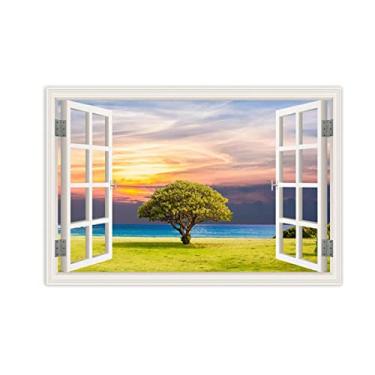 Imagem de Arte de parede vista de janela 3D - grande árvore pelo mar - impressão de pintura de natureza em tela - imagem de paisagem em tela - pôster de decoração de parede de sala de estar 70 x 105 cm 27,5 x