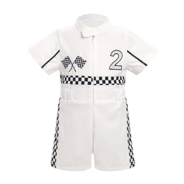 Imagem de OBEEII Macacão infantil de 2º aniversário para meninas motorista de carro de corrida macacão infantil de segundo aniversário bolo quebra fotos roupa de festa roupa de corrida branco-2 anos 18-24 meses