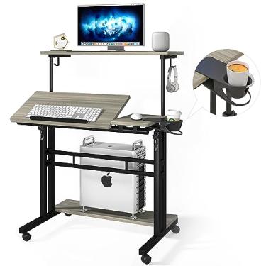 Imagem de Mesa de suporte móvel, mesa ajustável para computador com 3 mesas, mesa portátil para laptop com suporte de copo, estação de trabalho para laptop de escritório em casa com rodas bloqueáveis, carvalho