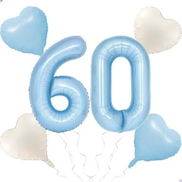 Imagem de 60 balões azuis número pastel decoração de festa de aniversário para meninas e meninos, 101,6 cm grande balão azul celeste folha Mylar balão de 60 anos para decoração de festa de aniversário de 60