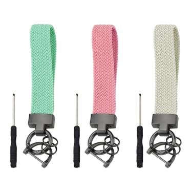 Imagem de LELE LIFE Pacote com 3 chaveiros elásticos de pulso, chaveiro para chaves de carro com mosquetão, anel D e 2 chaveiros, cordão de pulso fofo para mulheres e homens, bege + rosa + verde