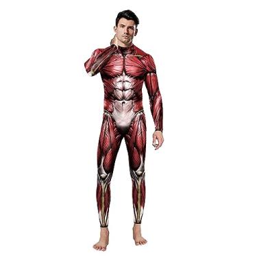 Imagem de Urmycos Macacão masculino de manga comprida para cosplay com estampa muscular, fantasia de Halloween, vermelho, músculo, M