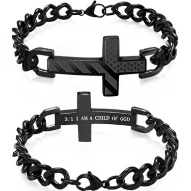 Imagem de Saintda Pulseira de cruz masculina com bandeira americana patriótica e verso da Bíblia gravada, corrente cubana de aço preto, joia religiosa cristã ajustável de 33,5 cm, Medium, Sem Pedra Preciosa