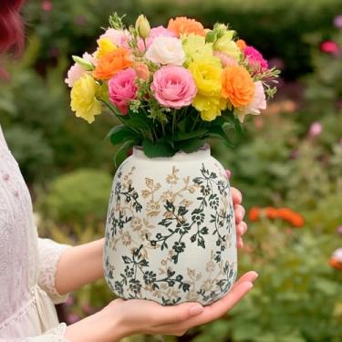 Imagem de Mini vaso de mesa de cerâmica de flores vintage - decoração chinesa floral branca e verde, peça central de casa de fazenda rústica para mesa de café, prateleira, mesa de escritório | 15,5 cm